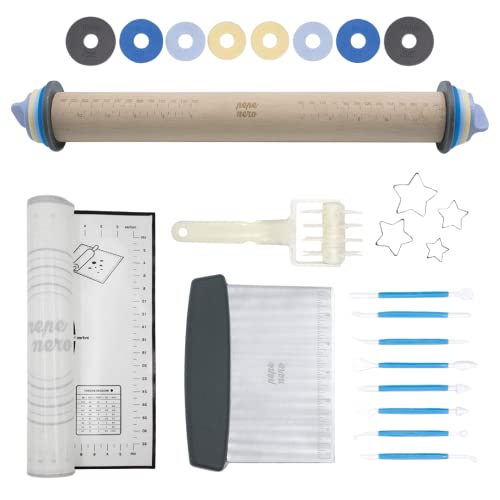  Adjustable Wood Rolling Pin Set – Rolling Pin With Thickness Rings – Cookie Rolling Pin - Pastry Cutter- Pasta Pizza Dough Fondant Roller – Best Rolling Pin - Baking Supplies - Dough Cutter
