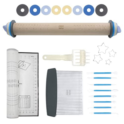  Adjustable Wood Rolling Pin Set – Rolling Pin With Thickness Rings – Cookie Rolling Pin - Pastry Cutter- Pasta Pizza Dough Fondant Roller – Best Rolling Pin - Baking Supplies - Dough Cutter