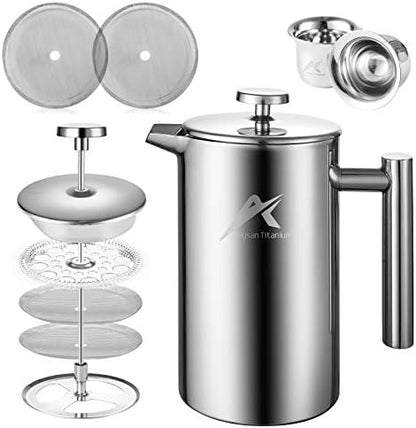  French Press Coffee Maker, 34 Oz, Stainless Steel Double-wall Insulated, With 2 Espresso Cups, Rust-Free, Dishwasher Safe, Black