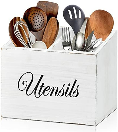  Utensil Holder For Kitchen Counter, Wood Utensil Organizer With 2 Compartments, Utensil Caddy And Silverware Organizer For Kitchen Decor, Black Kitchen Accessories