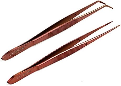  Reme Blue Stainless Steel Precision Kitchen Culinary Fine-Tip Tweezer Tongs, 1 With Curved Tip And 1 With Straight Tip