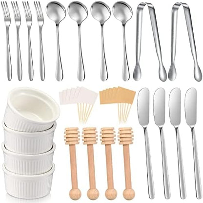  Charcuterie Board Accessories Utensils Cheese Butter Spreader Knives Set Include Serving Tongs, Knives, Spoons, Forks, Toothpick Flags, Honey Dippers, Bowl For Christmas Pastry Making (Gold)