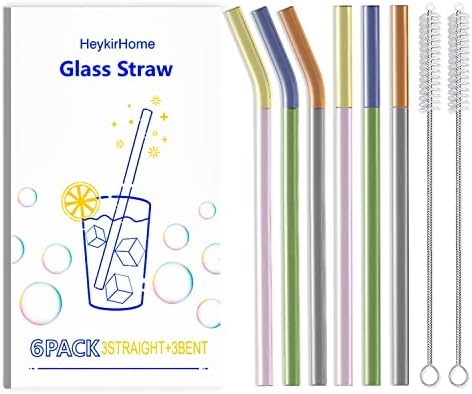  6-Pack Reusable Glass Straw-Transparent,Size 8''x10 MM,Including 3 Straight And 3 Bent With 2 Cleaning Brush- Perfect For Smoothies, Tea, Juice-Clear