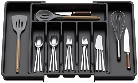  Silverware Drawer Organizer, Expandable Utensil Tray For Kitchen, Adjustable Flatware And Cutlery Holder, Compact Plastic Storage For Spoons Forks Knives, Large, Black