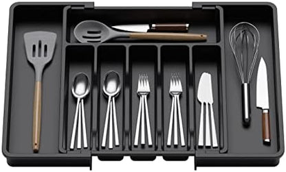  Silverware Drawer Organizer, Expandable Utensil Tray For Kitchen, Adjustable Flatware And Cutlery Holder, Compact Plastic Storage For Spoons Forks Knives, Large, Black