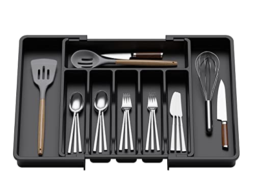  Silverware Drawer Organizer, Expandable Utensil Tray For Kitchen, Adjustable Flatware And Cutlery Holder, Compact Plastic Storage For Spoons Forks Knives, Large, Black