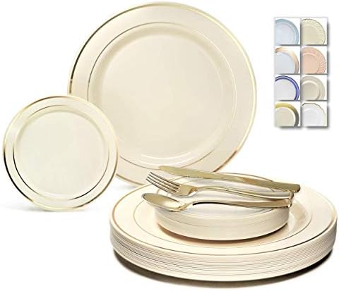  " OCCASIONS " 600 Pcs Set & 120 Guest Wedding Disposable Plastic Plate & Silverware Combo Set (Ivory & Gold Rim Plates, Gold Silverware)