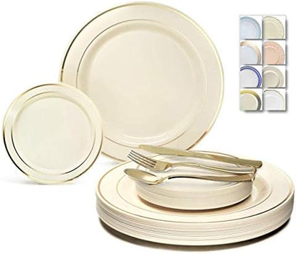  " OCCASIONS " 600 Pcs Set & 120 Guest Wedding Disposable Plastic Plate & Silverware Combo Set (Ivory & Gold Rim Plates, Gold Silverware)
