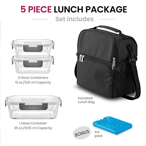  INEDINE Lunch Bag With Glass Containers - Insulated Lunch Box For Women And Men - Leakproof Locking Lids & Ice Pack - 2-Compartment Cooler Tote For Work (Black)