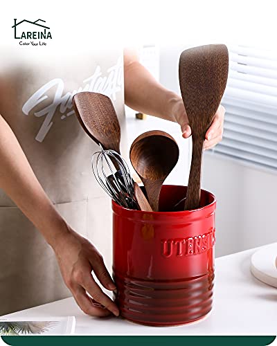  Kitchen Utensil Holder, Ceramic Utensil Crock Organizer For Countertop, H 7"x W6" Large Cooking Utensil Holder With Anti-slip Cork Bottom For Home Décor, Christmas Red