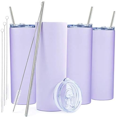  Kinny Tumblers With Lids And Straws (4 Pack) - 20 Oz Double Wall Insulated Slim Stainless Steel Silver Tumblers With Straw Cleaner | Reusable Travel Mug For Hot And Cold Beverages