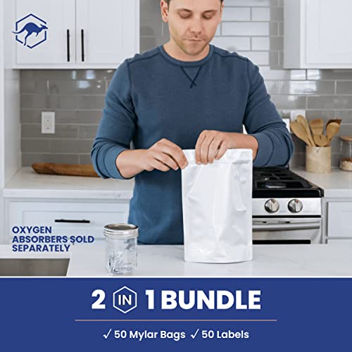  50x Wallaby 1-Quart Gusset Mylar Bag Bundle - (6 Mil - 7" X 10") Stand-Up Zipper Pouches + 50x Labels - Heat Sealable, Food Safe, & Reliable Long Term-Food Storage Solutions - Silver
