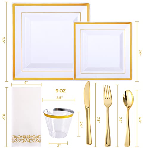  210PCS Gold Dinnerware Set 30 Guest,Gold Party Supplies,60 Gold Rim Plastic Plates-30 Gold Plastic Silverware-30 Plastic Cups-30 Linen Like Paper Napkins For Graduation, Birthday, Cocktail Party-Gold