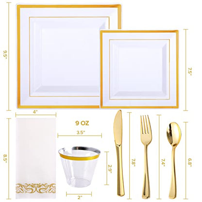  210PCS Gold Dinnerware Set 30 Guest,Gold Party Supplies,60 Gold Rim Plastic Plates-30 Gold Plastic Silverware-30 Plastic Cups-30 Linen Like Paper Napkins For Graduation, Birthday, Cocktail Party-Gold