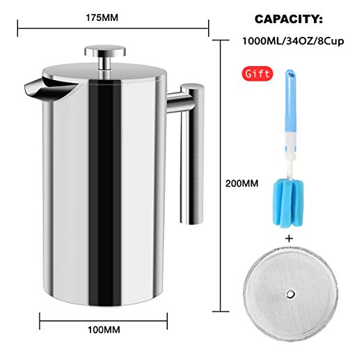  French Press Coffee Maker Stainless Steel Double Wall Insulated Large Capacity 1 Liter 1000ml 34oz 8Cup And Dishwasher Safe Metal Coffee-Press For Camping Travel Silver