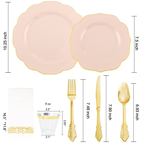  175PCS Pink Plastic Plates With Gold Disposable Silverware-Include 50 Plates 25Knives 25Forks 25Spoons 25Cups And 25Napkins-Ideal For Wedding, Party, Shower&Mother’s Day