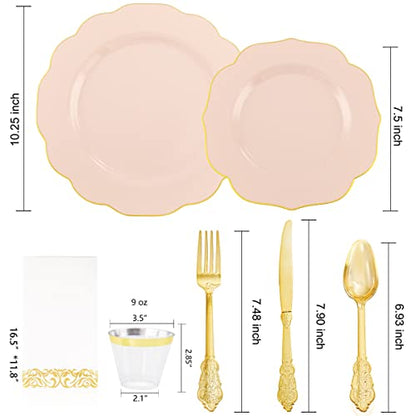  175PCS Pink Plastic Plates With Gold Disposable Silverware-Include 50 Plates 25Knives 25Forks 25Spoons 25Cups And 25Napkins-Ideal For Wedding, Party, Shower&Mother’s Day