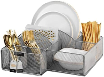  Countertop Silverware Caddy, 8 Compartment Paper Plate And Cutlery Caddy For Plates, Bowls, Forks, Spoons, Knives, Napkins, Perfect Flatware & Utensil Holder For Party, Picnic, Home, RV - Black