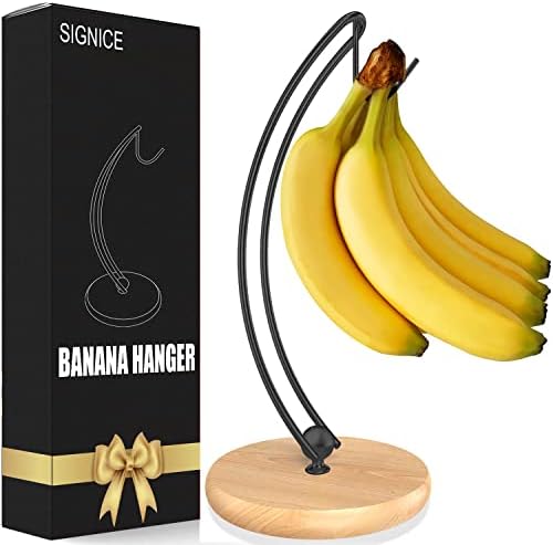  Signice Banana Holder Stand - Newest Patented Modern Banana Tree Hanger With Wood Base Stainless Steel Banana Rack For Home Kitchen Use,Doesn't Tip Over (Full Black)
