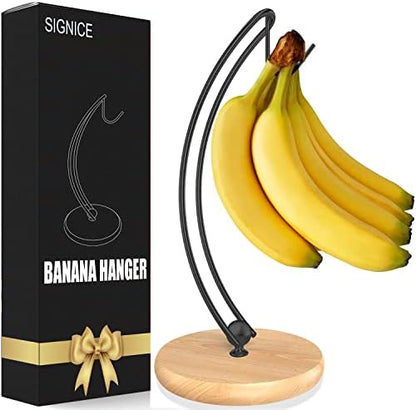  Signice Banana Holder Stand - Newest Patented Modern Banana Tree Hanger With Wood Base Stainless Steel Banana Rack For Home Kitchen Use,Doesn't Tip Over (Full Black)