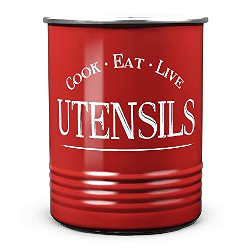  Walford Home Original Kitchen Utensil Holder Crock, Red With Premium Padded Base - Vintage Farmhouse Home Kitchen Decor - Large Kitchen Tool Utensil Storage Caddy Organizer