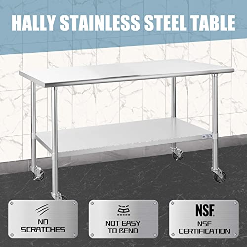  Ally Stainless Steel Table For Prep & Work 30 X 60 Inches With Caster Wheels, NSF Commercial Heavy Duty Table With Undershelf And Galvanized Legs For Restaurant, Home And Hotel