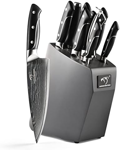  Damascus Kitchen Knife Set, XingRui Series 9 Pieces Damascus Knife Set With Block, Non-slip ABS Ergonomic Triple Rivet Handle For Chef Knives, Knife Sharpener And Kitchen Shears, Natural Wooden (Grey)