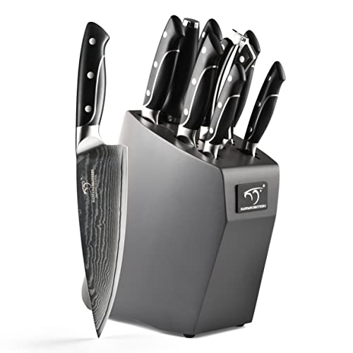 Damascus Kitchen Knife Set, XingRui Series 9 Pieces Damascus Knife Set With Block, Non-slip ABS Ergonomic Triple Rivet Handle For Chef Knives, Knife Sharpener And Kitchen Shears, Natural Wooden (Grey)