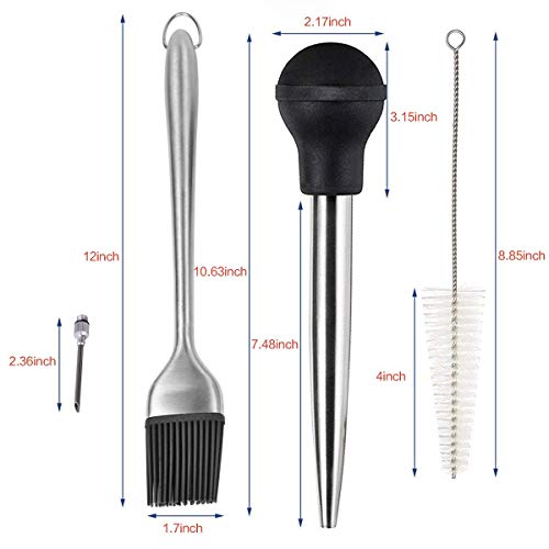  Home Servz Deluxe 304 Stainless Steel Turkey Baster Syringe Injector Needle With Cleaning Brush & Heavy Duty 12 Inch Stainless Steel Handle Silicone BBQ Basting Brush