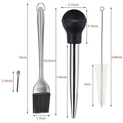  Home Servz Deluxe 304 Stainless Steel Turkey Baster Syringe Injector Needle With Cleaning Brush & Heavy Duty 12 Inch Stainless Steel Handle Silicone BBQ Basting Brush
