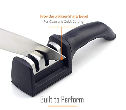  Professional Premium 3-Stage Chef Kitchen Knife Sharpener. Quick And Easy Sharpening, Straightening, And Polishing Of Chef Blades And Kitchen Knives. Includes Cut-Resistant Glove & Bookmark