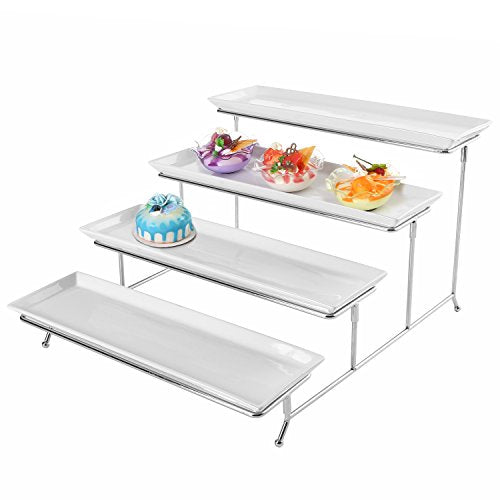  4 Tier White Ceramic Party Serving Platter/Food Display Trays On Chrome Plated Metal Stand