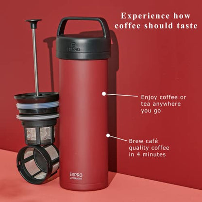  - P0 Ultralight French Press - Double Walled Stainless Steel Vacuum Insulated Coffee And Tea Maker, Portable And Durable Coffee Press For Travel, Camping, And Everyday Use - 16oz, (Cranberry)