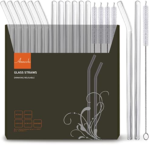  Reusable Drinking Straws Glass Clear 12-Pack, With 4 Cleaning Brush Size 8.5''x10 MM Set Of 6 Straight And 6 Bent - Perfect For Cocktail Glass, Smoothies, Tea, Juice, Milkshakes