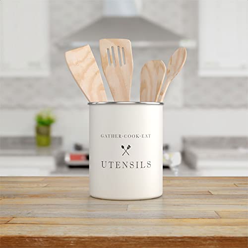  White Utensil Holder For Kitchen Countertop, Farmhouse Metal Utensil Crock, Rustic Country Decorative Kitchen Utensil Caddy Large, 5.5x6.75