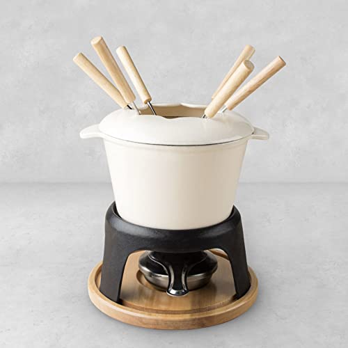  Twine Farmhouse Kitchen Enamel Cast Iron Fondue Set Cheese Melting Pot Metal Stand With Stainless Steel Forks And Chrome Gel Burner, 8.5", Off-Cream