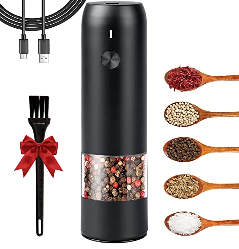  Electric Pepper Grinder Mill, USB Rechargeable Salt And Pepper Grinder With Ceramic Grind And LED Light, Adjustable Coarseness And Refillable Glass, No Battery Needed - Black