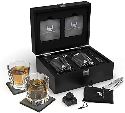  Whiskey Stones Gift Set For Men, Guys, Husband, Fathers Set Of 2 10oz Whiskey Rocks Glasses, 8 Granite Chilling Rocks, 2 Slate Coasters, Stylish Durable Black Wooden Gift Box (Sword Glass)