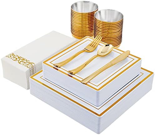  210PCS Gold Dinnerware Set 30 Guest,Gold Party Supplies,60 Gold Rim Plastic Plates-30 Gold Plastic Silverware-30 Plastic Cups-30 Linen Like Paper Napkins For Graduation, Birthday, Cocktail Party-Gold