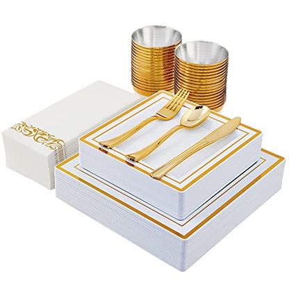  210PCS Gold Dinnerware Set 30 Guest,Gold Party Supplies,60 Gold Rim Plastic Plates-30 Gold Plastic Silverware-30 Plastic Cups-30 Linen Like Paper Napkins For Graduation, Birthday, Cocktail Party-Gold