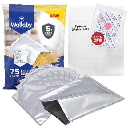  75x Wallaby 1-Gallon Mylar Bag Bundle - (5 Mil - 10" X 14") Mylar Bags, 80x 400cc Oxygen Absorbers, 80x Labels - Heat Sealable, Food Safe, & Reliable Long Term-Food Storage Solutions - Silver