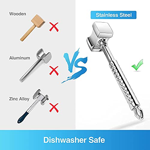  Meat Hammer, Premium Stainless Steel Meat Tenderizer Tool, Meat Pounder Mallet + Silicone Basting Brush For Tenderizing Steak, Beef And Poultry, Heavy Duty Sturdy, Non-Slip Handle, Dual-Sided