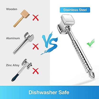  Meat Hammer, Premium Stainless Steel Meat Tenderizer Tool, Meat Pounder Mallet + Silicone Basting Brush For Tenderizing Steak, Beef And Poultry, Heavy Duty Sturdy, Non-Slip Handle, Dual-Sided