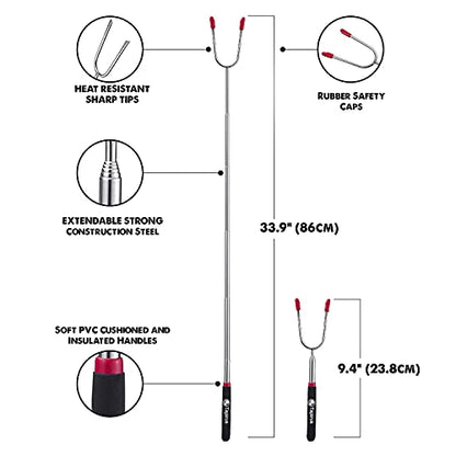  Marshmallow Roasting Sticks | Set Of 4 Extra Long Retractable Campfire Sticks | Protect Kids With Insulated Handles | Extendable Smore & Hot Dog Skewers | Heavy Duty Metal Camping Accessory