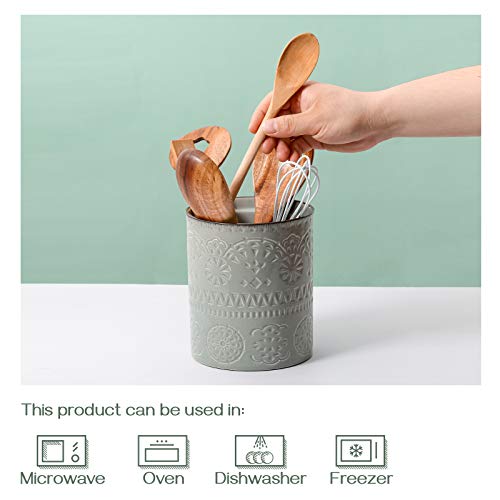  DOWAN Kitchen Utensil Holder, 6.2” Extra Utensil Holders For Countertop, Heavy Ceramic Utensil Crock, Anti Slip & Scratch Cork Bottom, Grey Utensil Organizer For Home Décor