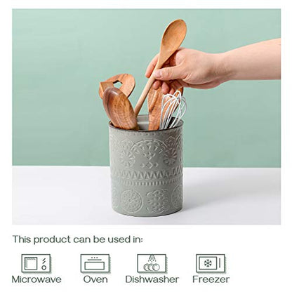  DOWAN Kitchen Utensil Holder, 6.2” Extra Utensil Holders For Countertop, Heavy Ceramic Utensil Crock, Anti Slip & Scratch Cork Bottom, Grey Utensil Organizer For Home Décor