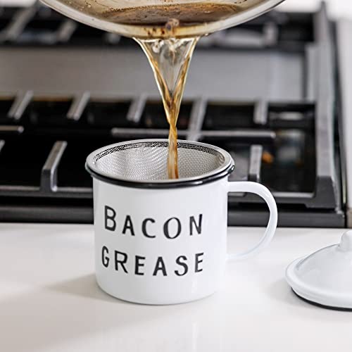 Bacon Grease Container With Strainer - Rustic Mid-century Modern Farmhouse Design, White Enamel On Metal, 4 Inch X 4 Inch Vintage Enamelware With Lid (Black)
