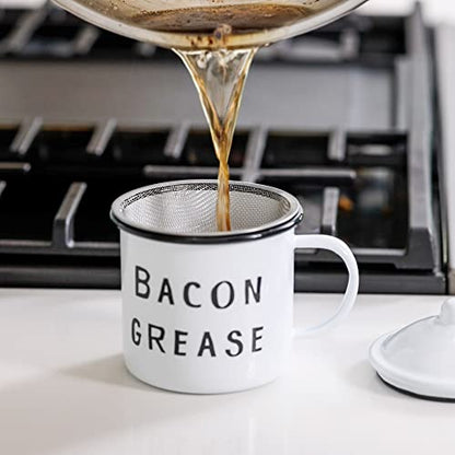  Bacon Grease Container With Strainer - Rustic Mid-century Modern Farmhouse Design, White Enamel On Metal, 4 Inch X 4 Inch Vintage Enamelware With Lid (Black)