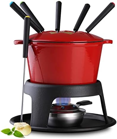  Artestia Cast Iron Fondue Pot Set For Meat, Chocolate & Cheese Fondue Pot Set With 6 Fondue Forks, Cheese Fondue Set Serve 6 Persons(White)