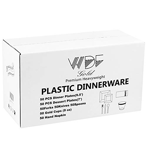  50 Guest Gold Plastic Plates With Disposable Cutlery& Gold Plastic Cups-Square Plastic Plates-Gold Plastic Utensils Set And Napkins For Wedding& Parties